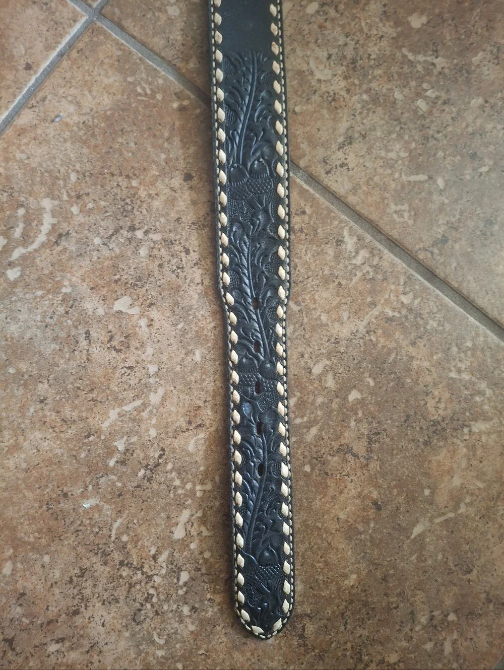 Black Tooled Leather Men's Belt with Contrast Stitching
